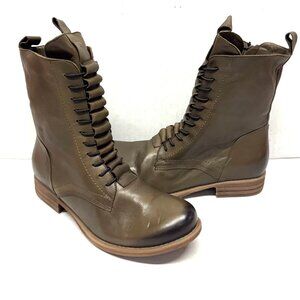 MIZ MOOZ SOFT LEATHER BOOTS LACE UP SIDE ZIPPER OLIVE 37EU / 7US NEW # Z-211